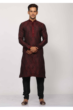 Red With Black Color Silk Fabric Kurta Set